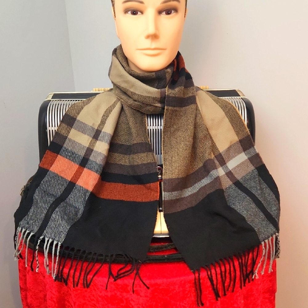 ITALIAN DESIGN EXQUISITE BLACK/TAN/RUST/BLUE  CASHMERE BLEND SCARF 12" W×66" L